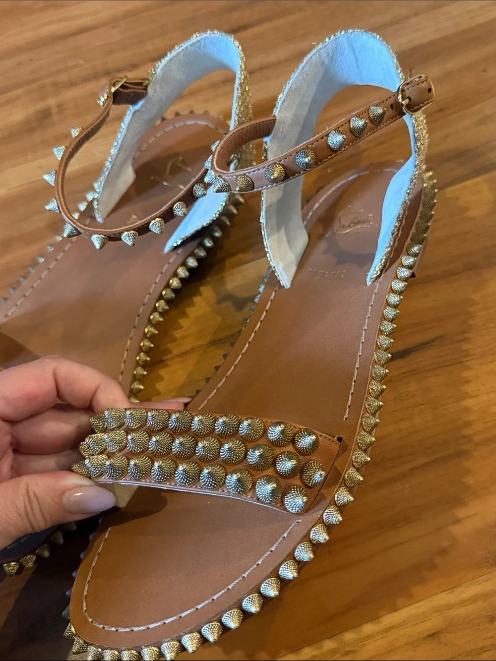Christian Louboutin Brown Leather Studded Flat Sandals with Gold Spikes size 40